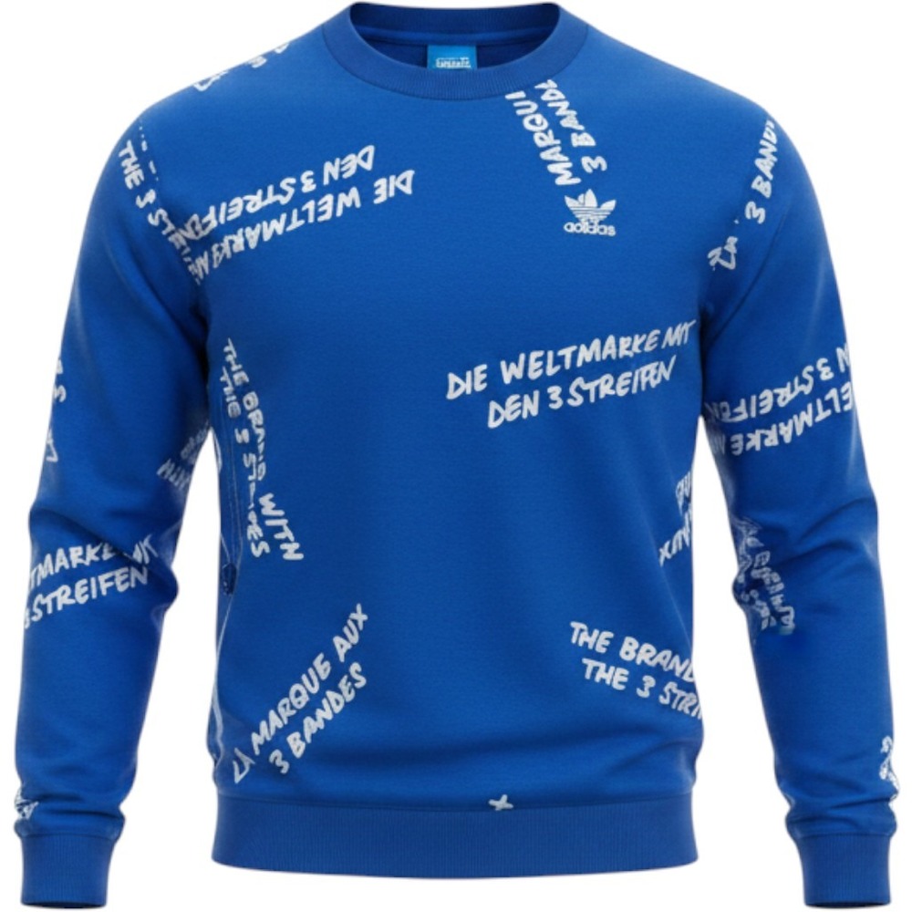 Adidas Originals Blue Multilingual Graphic 3 Stripe Crewneck Sweatshirt XS